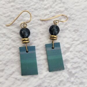 Artisan Teal Green Ombre Rectangle Drop Earrings Brass Gold Tone Dangle Boho